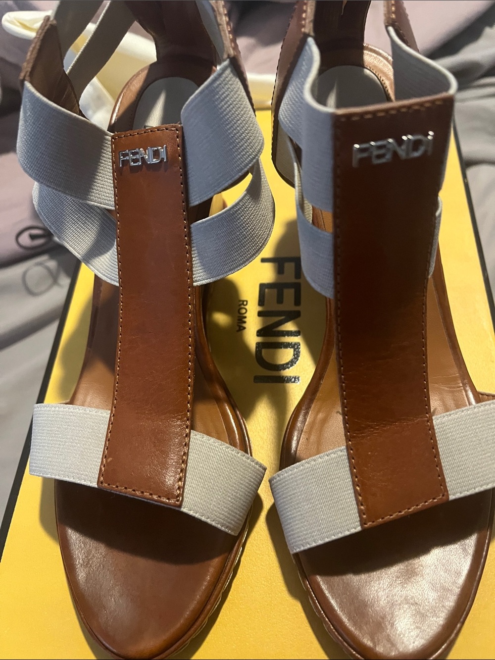 Fendi Brown Leather Sandals with White Elastic Straps